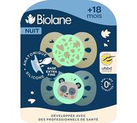 BIOLANE - Tétines anatomiques de nuit - Sucettes phosphorescente extra-fines - 18 mois et plus - Bleu et Beige - Téterelle plate et réversible - Respect du développement bucco-dentaire