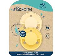 BIOLANE - Tétines rondes - Sucettes extra-fines - 6 mois et plus - Jaune bicolore - Téterelle en caoutchouc naturel - Respect du développement bucco-dentaire- Douces et confortables