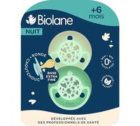BIOLANE - Tétines rondes de nuit - Phosphorescente - 6 mois et plus - Sucettes extra-fines - Vert et Beige - Téterelle en caoutchouc naturel - Respect du développement bucco-dentaire