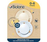 BIOLANE - Tétines rondes - Sucettes extra-fines - 0 à 6 mois - Bleu et Beige - Téterelle en caoutchouc naturel - Respect du développement bucco-dentaire- Douces et confortables
