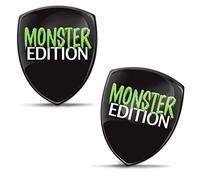 Biomar Labs 2 x Sticker 3D Gel Silicone Autocollants Badge Moto Vélo Bicyclette Biker Casque Auto Fenêtre Téléphone Laptop PC Tablette Porte Emblème Vert Noir Monster Edition KS 139