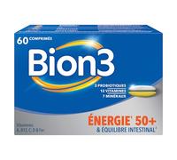 Bion3 Énergie 50+, Multivitamines pour l’énergie physique et mentale¹ et la réduction de la fatigue¹. Contient les vitamines C,B12, B1, B2, B3, B5, B6, B8, A, D, Zinc, Fer, Probiotiques