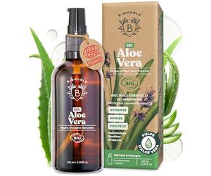 BIONOBLE Gel Aloe Vera Pur Bio 97%, Cheveux, Coup de Soleil, Visage - 100ml | Hydrate, Apaise - Avec Huile Essentielle de Lavande - Gel Aloe Vera Cheveux, Corps - Aloe Vera Gel Bio - Flacon Verre, Pompe