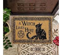 Bioonce Paillasson antidérapant avec inscription « A Witch Lives Here » - Motif chats noirs - Décoration amusante pour salle de bain, cuisine, porche, entrée - 45,7 x 76,2 cm