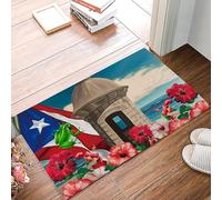 Bioonce Tapis de bain antidérapant et absorbant en microfibre douce, motif drapeau de Porto Rico, construction de fleurs rouges à l'aquarelle - 40,6 x 61 cm
