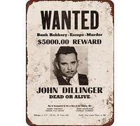 Biopracess 1934 John Dillinger Wanted Affiche vintage en métal Panneau d'avertissement 20,3 x 30,5 cm