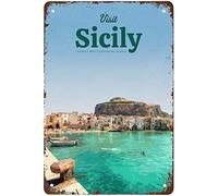 Biopracess Affiche humoristique en métal avec inscription « Visit Sicile » - Rétro - Vintage - Décoration murale - 20,3 x 30,5 cm