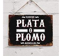 Biopracess Plaque en métal vintage Narcos Plata O Plomo - Décoration murale en métal - 20,3 x 30,5 cm