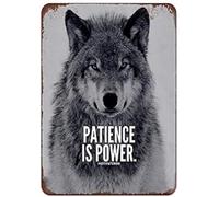 Bioprocess Plaque en métal vintage avec inscription « Patience Is Power », motif loup, pub, club, café, bar, décoration d'intérieur, 20,3 x 30,5 cm