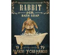 Bioprocess Rabbit & Co - Poster amusant pour salle de bain avec savon et lavage de vos mains, poster lapin, décoration de chambre, affiche en métal 20,3 x 30,5 cm