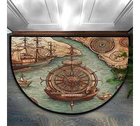 Bioputty Paillasson demi-rond, antidérapant, motif boussole, voilier en demi-cercle, lavable et durable, décoration d'intérieur, tapis en demi-lune pour sol, intérieur, extérieur, chambre à coucher,