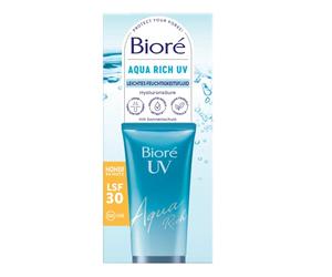 Biore Aqua Rich UV Fluide hydratant léger pour le visage Protection solaire SPF 30 UVA/UVB Fonctionne sous maquillage Non gras