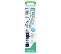 Biorepair , brosse à dents à protection totale, antibactérienne, testée cliniquement, avec poils moyens, forme incurvée brevetée, inhibe la croissance bactérienne jusqu'à 90 %, élimine jusqu'à 100 % de la plaque