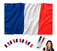 BIORYC® Drapeau Francais 150x90 cm. Pavillon Français Extérieur en Polyester Renforcé 110g/m². 2 Œillets Métalliques pour Balcon et Jardin. Inclus : Maquillage Drapeau France et Autocollants Supporter
