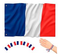 BIORYC® Drapeau France 150x90 cm. Pavillon Français Extérieur en Polyester Renforcé 110g/m². 2 Œillets Métalliques pour Balcon et Jardin. Inclus : bracelet et Autocollants Supporter
