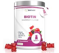 BIOTARY Biotine 150 oursons gélifiés 5 000 μg Approvisionnement pour 5 mois Vitamines A, B5, B6, B9, B12, C, D3, E, zinc Saveur multifruits 100% végétalien Haute biodisponibilité