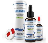 BIOTARY Vitamine D3 + K2 Gouttes 50 ml - 99,7+% All-Trans + boîte stérile incluse + flacon de voyage - haute dose 1 000 UI = 25 µg D3 + 20 µg K2, testé en laboratoire