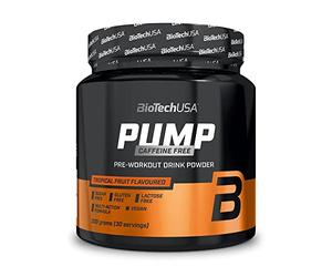 BioTechUSA Pump Caffeine Free | Énergie, concentration et soutien immunitaire | 19 Ingrédients actifs | Boisson en poudre pré-entraînement, 330 g, Fruits Exotiques