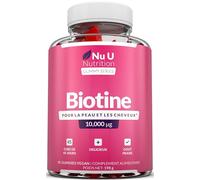 Biotine 10 000 µg - 90 Gommes Vegan - Goût Fraise - Favorise la pousse des Cheveux et Ongle, Peau - Vitamines à Mâcher - Fabriqué en Europe - Nu U Nutrition