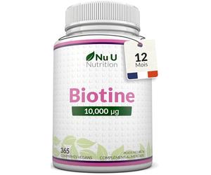 Biotine 10000 µg - 365 Comprimés Végétales - 1 An - Vitamine B8/B7 pour Cheveux Barbe & Peau - Sans Stéarate de Magnésium - Fabriqué en Europe - Nu U Nutrition