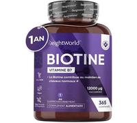 Biotine Cheveux 12 000 Mcg Pure - 365 Comprimés Vegan - Cheveux, Barbe & Peau - Vitamine B7/B8 - Dosage Élevé
