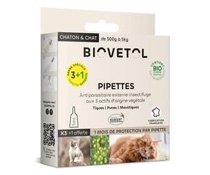 Biovetol Pipettes Anti puce Anti tique Chat/Chaton Bio 1ml (x3+1 Offerte)