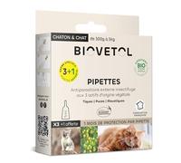 BIOVETOL - Pipettes Anti Puces, Anti-Tiques et Anti moustiques -Bio Certifié Ecocert - Repousse Pendant 4 Semaines - pour Chaton & Chat - Conçu et Fabriqué en France - 3 + 1 Offerte Pipettes