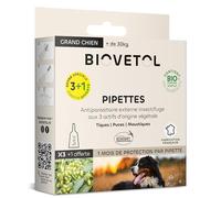 BIOVETOL - Pipettes Anti Puces, Anti-Tiques et Anti moustiques -Bio Certifié Ecocert - Repousse Pendant 4 Semaines - pour Grand Chien +30 kg - Conçu et Fabriqué en France - 3+1 Offerte Pipettes