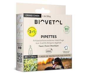 BIOVETOL - Pipettes Anti Puces, Anti-Tiques et Anti moustiques -Bio Certifié Ecocert - Repousse Pendant 4 Semaines - pour Grand Chien +30 kg - Conçu et Fabriqué en France - 3+1 Offerte Pipettes