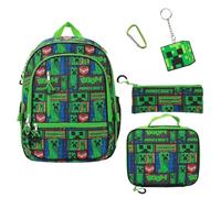 Bioworld Minecraft Backpack Set (Little Big Kid) Sac à Dos, Pochette Utilitaire, Porte-clés, Mousqueton, Trousse à déjeuner, ['Vert 1'], ['Taille Unique'] (Lot de 5) Mixte Enfant