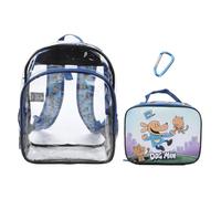 BIOWORLD Sac à dos 3 pièces pour enfant Dogman transparent avec kit déjeuner et mousqueton, bleu, One Size, Dogman Ensemble de 3 sacs à dos transparents avec kit repas et mousqueton