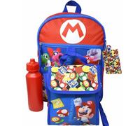 Bioworld Super Mario Red Ensemble sac à dos 5 pièces 40,6 cm Sac à déjeuner, bouteille d'eau, mousqueton et porte-carte d'identité Bleu