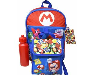 Bioworld Super Mario Red Ensemble sac à dos 5 pièces 40,6 cm Sac à déjeuner, bouteille d'eau, mousqueton et porte-carte d'identité Bleu