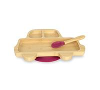 BIOZOYG Ensemble d'Assiettes en Bambou Voiture I Assiette Ventouse Avec Cuillère - Certifié FSC I Mignon Ensemble de Bols en Bois pour Enfant - Vaisselle Bébé Rouge