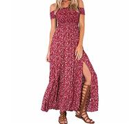 Bipily Femme Robe Longue Ete Boheme Chic Maxi Robe de Plage Soirée Casual Imprimé Fleurie Mode Fendue Col Bateau Épaules Dénudées Rouge M