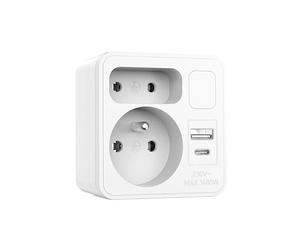 Biplite Frontale 2 Prises 16A + 6A Norme française avec 1 Prise USB-A et 1 Prise USB-C. avec veilleuse. Multiprise 5 en 1 idéale pour Brancher Votre téléphone, Tablette…