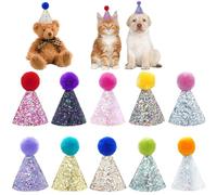 BIPY Lot de 10 mini chapeaux de fête pour petit chien, anniversaire, chiot, chat, bandeau réglable, chapeaux de vacances avec paillettes pour animal domestique, accessoires de costume de toilettage