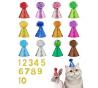 BIPY Lot de 12 mini chapeaux de fête d'anniversaire pour chiots, chats, lapins, animaux en peluche, chatons, chapeaux réglables avec chiffres et points de colle pour vacances, mariage, accessoires de