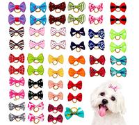 BIPY Lot de 25 paires de nœuds pour poils d'animaux domestiques avec élastiques en caoutchouc pour petit chien, chat, chiot - Couleurs aléatoires