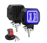 Biqing 2PCS Feux Additionnels Moto Avec Bleu Angel Eye,Carré de 3 Pouces 20W Phare LED Motos Avant 12V/24V Phare de Travail Feux Brouillard de Jour de Motos DRL Avec Interrupteur Moto 22mm