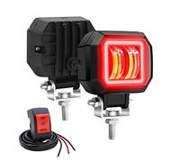Biqing 2PCS Feux Additionnels Moto avec Rouge Angel Eye,Carré de 3 Pouces 20W Phare LED Motos Avant 12V/24V Phare de Travail Brouillard Feux de Jour de Motos DRL Avec Interrupteur Moto 22mm