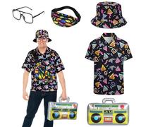 BIQIQI Déguisement Année 80 Homme de Costume de Hip Hop Homme Années 90 Années 80 Accessoires avec Chemise Homme Chapeau de Seau Sac Banane Lunettes pour Carnaval Soirée Deguise XXl