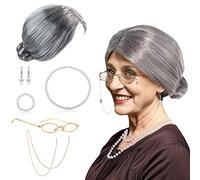 BIQIQI Grand-Mère Perruque Grise Déguisement de Vieille Dame Cosplay Accessoire avec Granny Perruque, Chapeau de Perruque, Lunettes Madea Granny, Sangle de Chaîne de Lunettes, Bijoux en Perles
