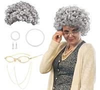BIQIQI Grand-Mère Perruque Kit de Deguisement Grand Mere Perruque Vieille Dame Grise Bou Cosplay Accessoire Lunettes Madea Granny, Sangle de Chaîne de Lunettes, Bijoux en Perles