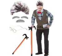 BIQIQI Grand-Père Perruque Kit de Déguisement avec Perruque, Sourcils, Moustache, Lunettes, Canne Gonflable, pour Carnaval, Halloween, Professeur Fou, Vieil Homme, Grand-père Déguisement