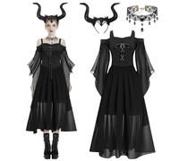 BIQIQI Halloween Deguisement Femmen, Halloween Renaissance Médiévale Robe Gothique Femme, 3PCS with Démon Serretête Cornes Reine Bandeau Noir, Halloween Méchante Sorcière Cosplay Deguisement