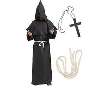 BIQIQI Robe de moine prêtre Costume de moine médiéval Renaissance à capuche Costume d'Halloween avec manteau, corde à la taille et collier croix pour adultes (S