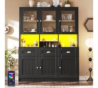 Biqzuya Armoire de Cuisine Haute 140x40x175 cm, Buffet Vitrine avec Étagères Réglables, Meuble de Rangement avec Éclairage LED à Couleurs Variables