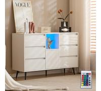 Biqzuya Buffet Moderne Blanc avec Éclairage LED - 6 Tiroirs Silencieux - Portes Push-Open - Finition Haute Brillance - Pieds Métal Noir Mat - 120x40x80 cm - Idéal Cuisine, Salle à Manger & Salon