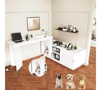 Biqzuya Bureau d'angle avec Niche intégrée,2 Compartiments,2 tiroirs,Plateau pivotant à 360°,Peut être installée en L ou en Position Droite,Bureau d'angle Informatique (B-Blanc)